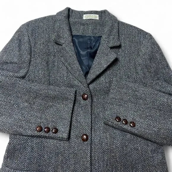 Orvis Harris Tweed Herringbone USA Sewn Three Button Wool Blazer Jacket Women 10 - Picture 4 of 7